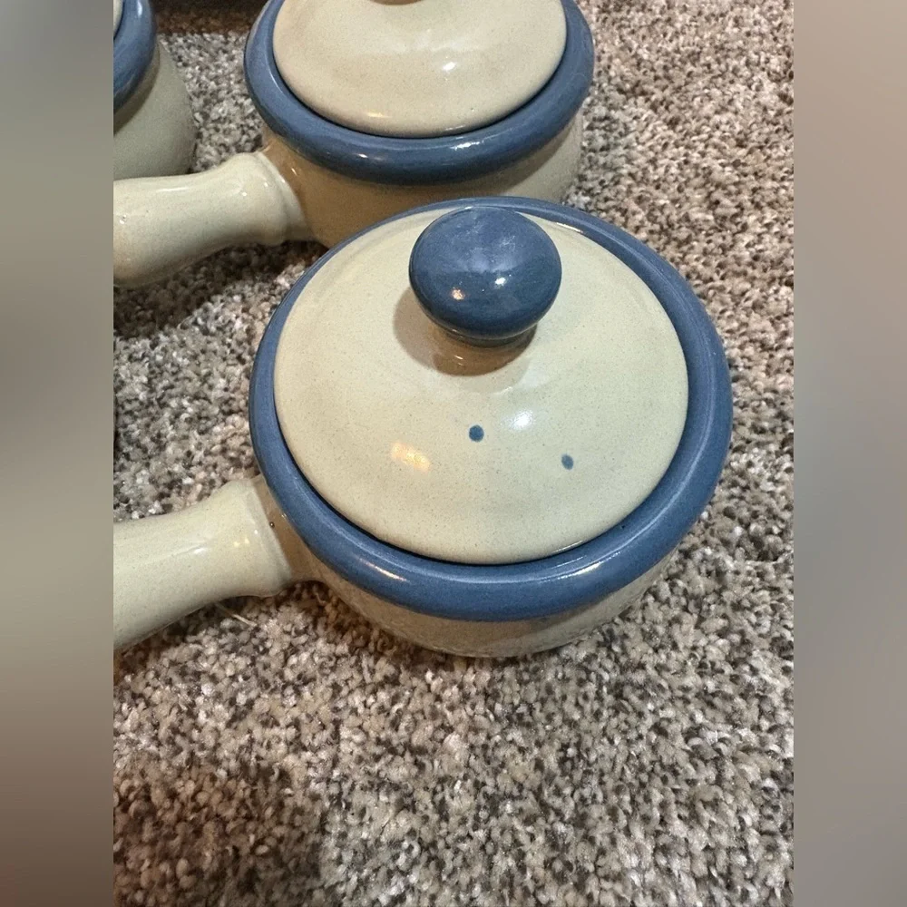 Vintage lot of 4 Earthware Stone Soup Crock W/Handle & Cover Blue line Rare 12oz
